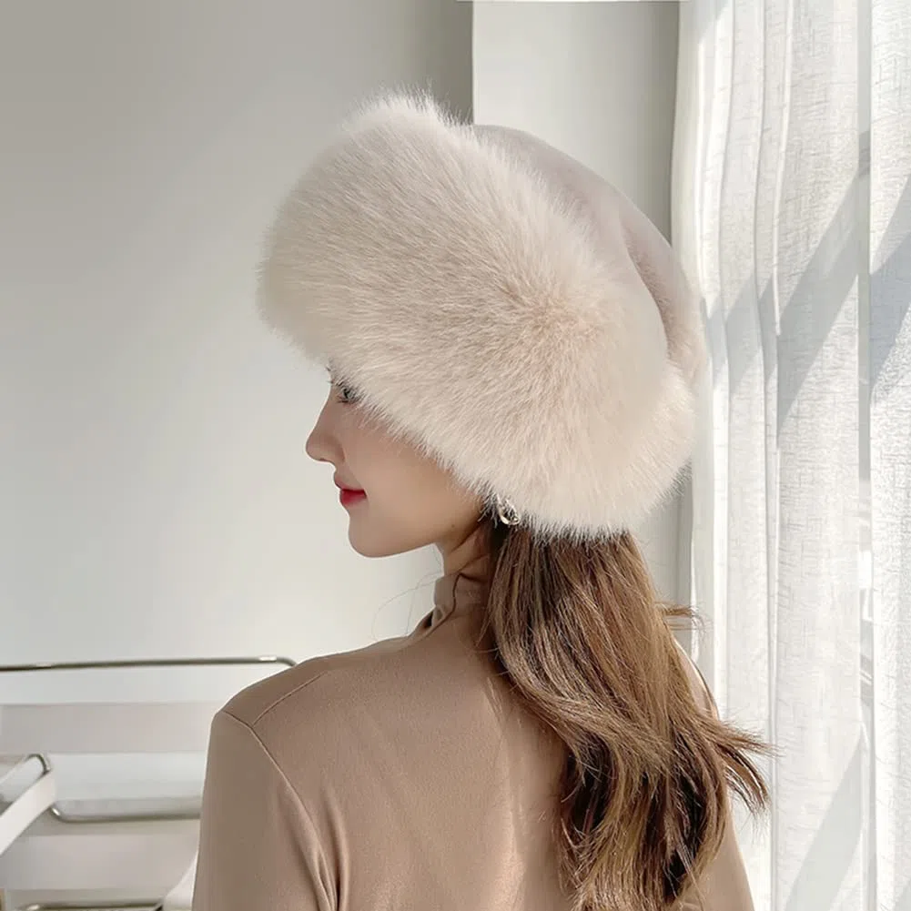 BYNYXI Russische Fellmütze Damen, Fuchspelzmütze Pelzmütze Damen Russisch Mütze Kunstfell Wintermütze Plüsch Wintermütze Faux Fuchs Plüschmütze Cossack Mütze Blau Schwarz Grau Pink Beige
