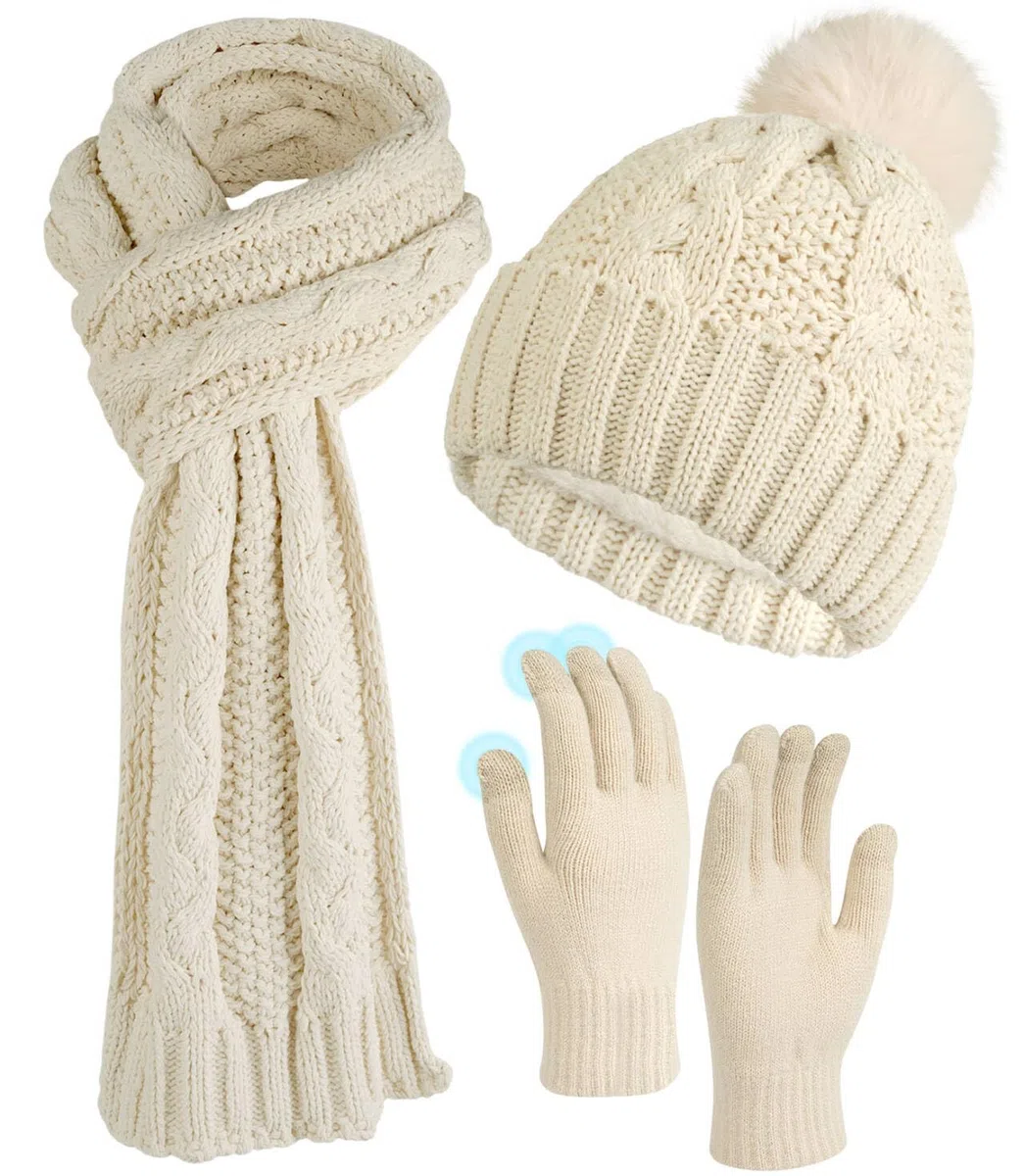 ILovDaisy Mütze, Schal & Handschuh-Sets für Damen Winter, Beanie Gestrickte Wintermütze mit Bommel, Thermo Winterhandschuhe Touchscreen, Warme Kuschelige Schal Winterset