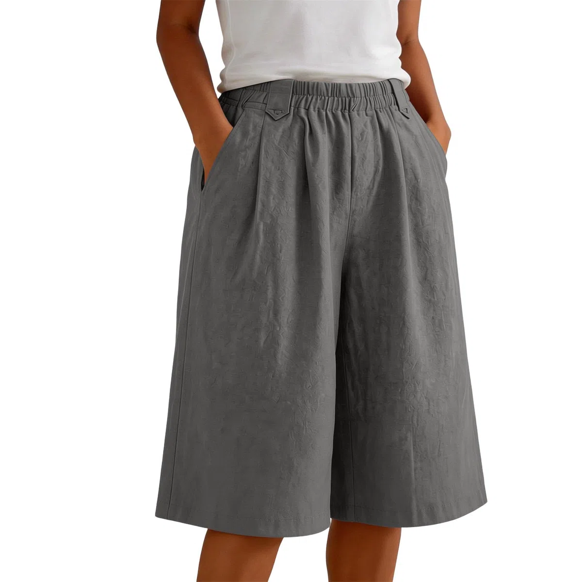 Generisch Damen Leinenhose Kurze 5/4 Hose Sommer Locker Fit Bermudas Große Größen Freizeithose mit Gummizug Weites Bein Stoffhose mit Taschen für Strand Urlaub