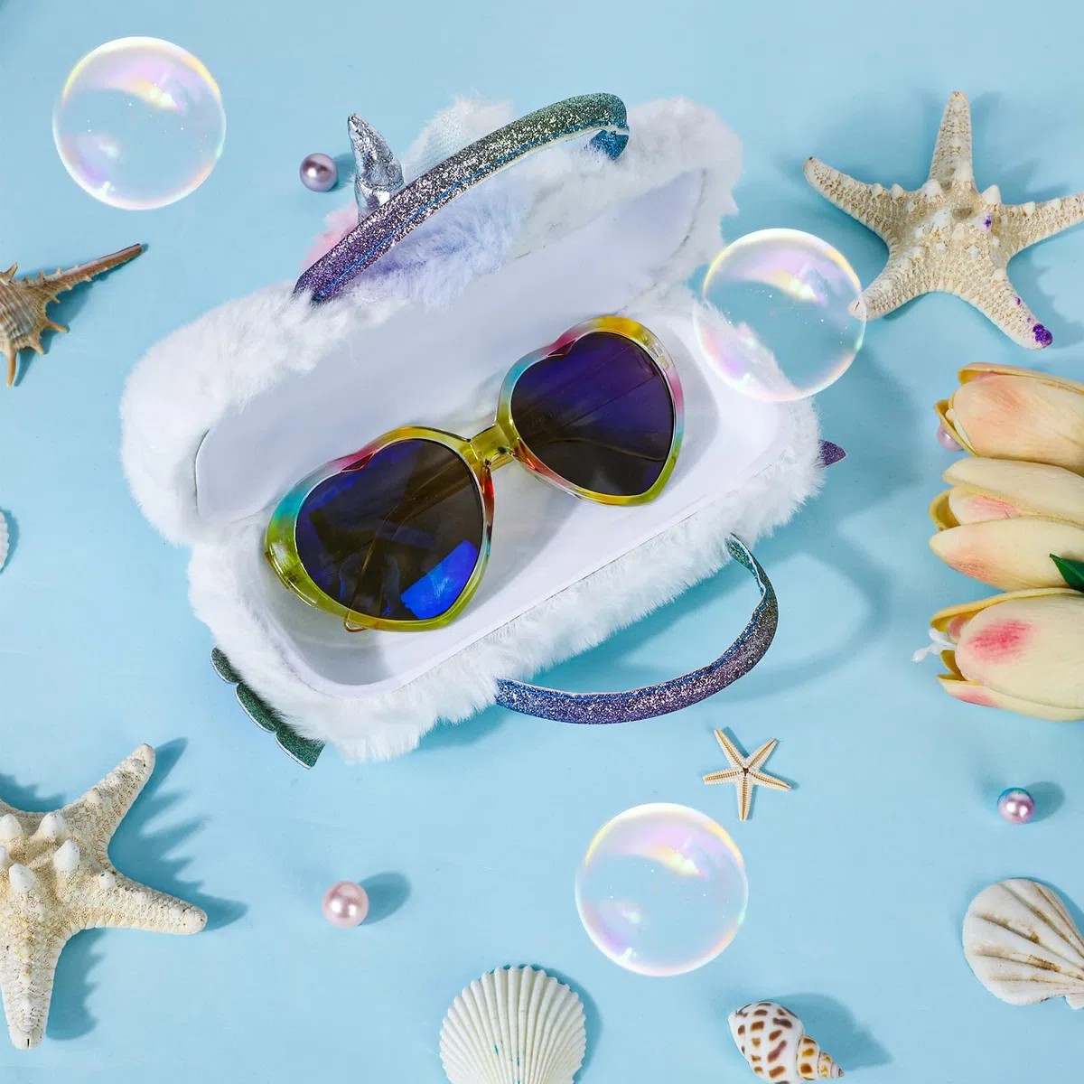 Brillenetui Kinder mit Sonnenbrille Mädchen, Plüsch Einhorn Sonnenbrillenetui mit Griffen Brillenhülle, Regenbogen UV-Schut Sonnenbrille Partybrillen Sonnenbrille für Kinder Mädchen Junge