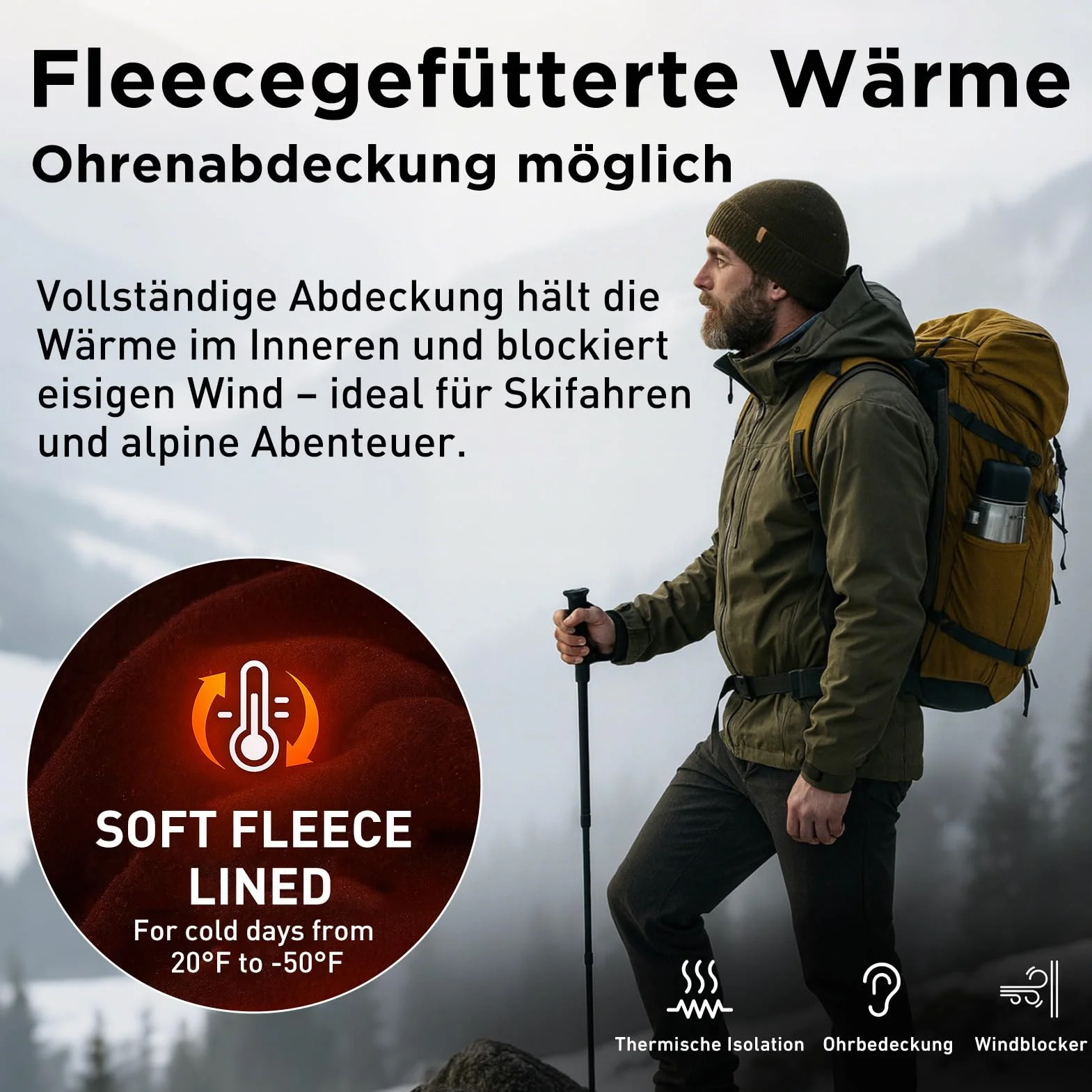 TOP-EX XL/XXL 100% Merinowolle Beanie Mütze, Wintermuetze Wollmütze Herren Damen, Strickmuetze Fisherman Beanie Trawler Mütze Warme Fleece Futter