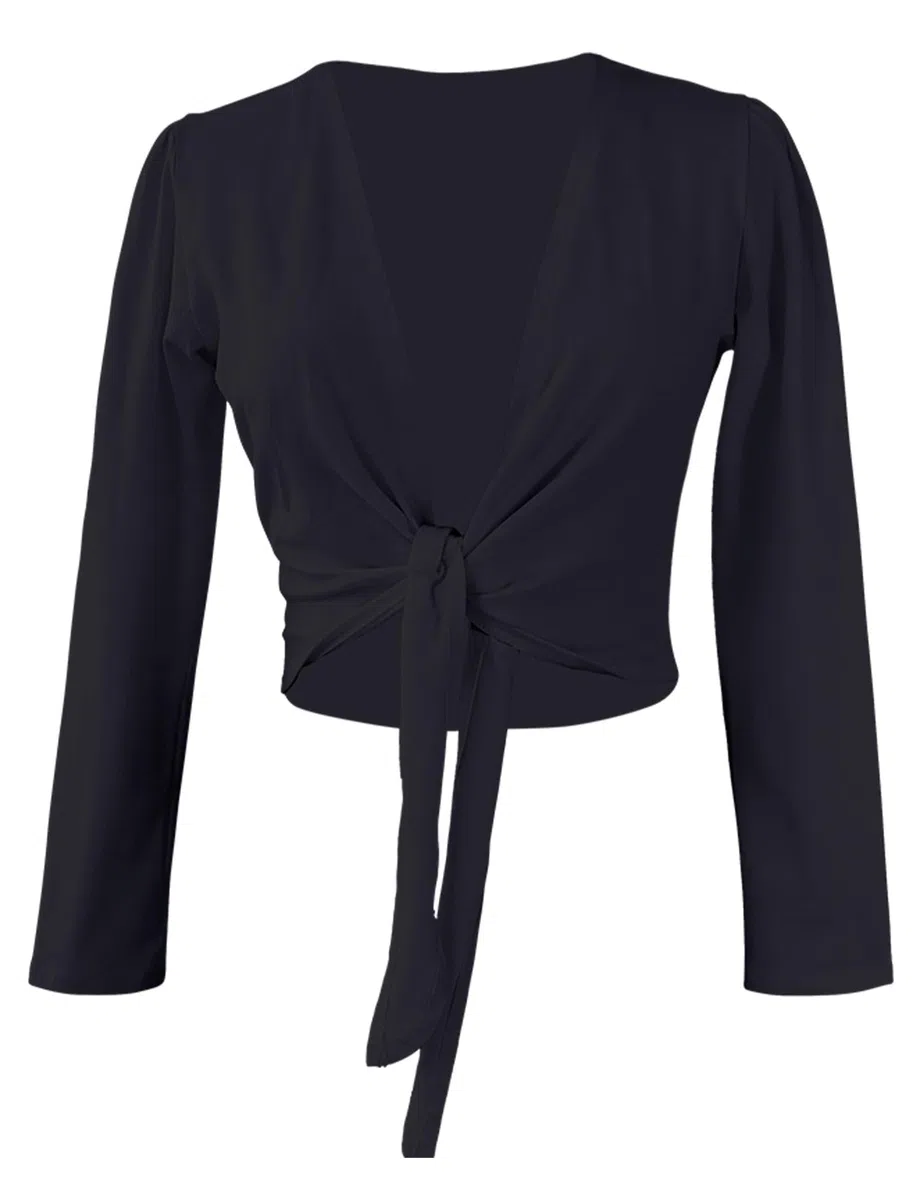 Daydance Black Cotton Teen Girls Ballet Wrap Top Crop Dance Cover up with Thumb Hole