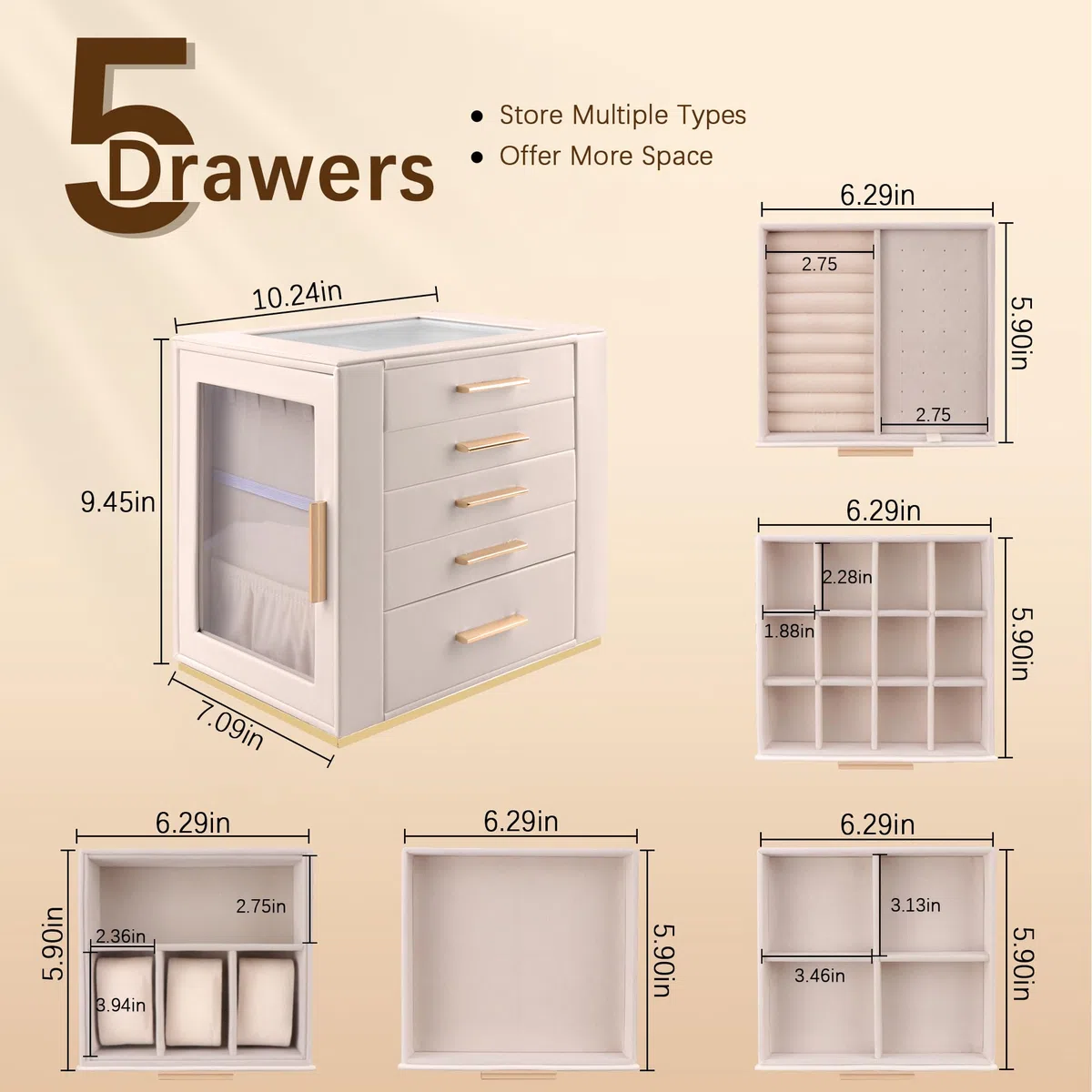 Homeanda Großes Schmuckkästchen 5 Lagen PU Leder Aufbewahrungsbox für Ringe Ohrringe Halsketten Armbänder Uhren Haarschmuck Beige