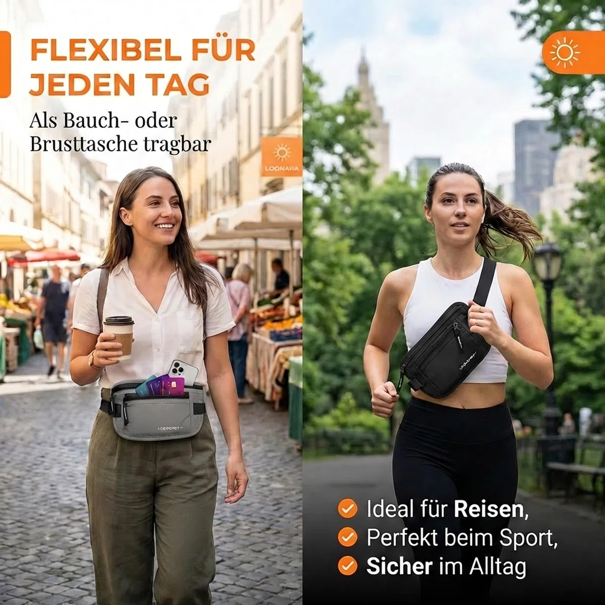 Diebstahlsichere Tasche mit RFID Blocker für Dein Reise-Zubehör - Geldgürtel (Money Belt) als Reise Sicherheitstasche - Brustbeutel Damen, Fanny Pack, Bauchtasche Damen Klein