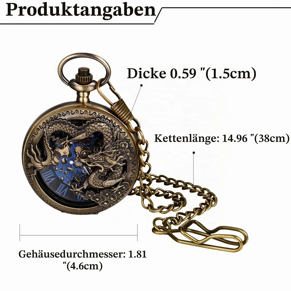 JewelryWe Taschenuhr Automatik Mechanische Herren Retro Römischen Ziffern Steampunk Skelett Uhr mit Kette