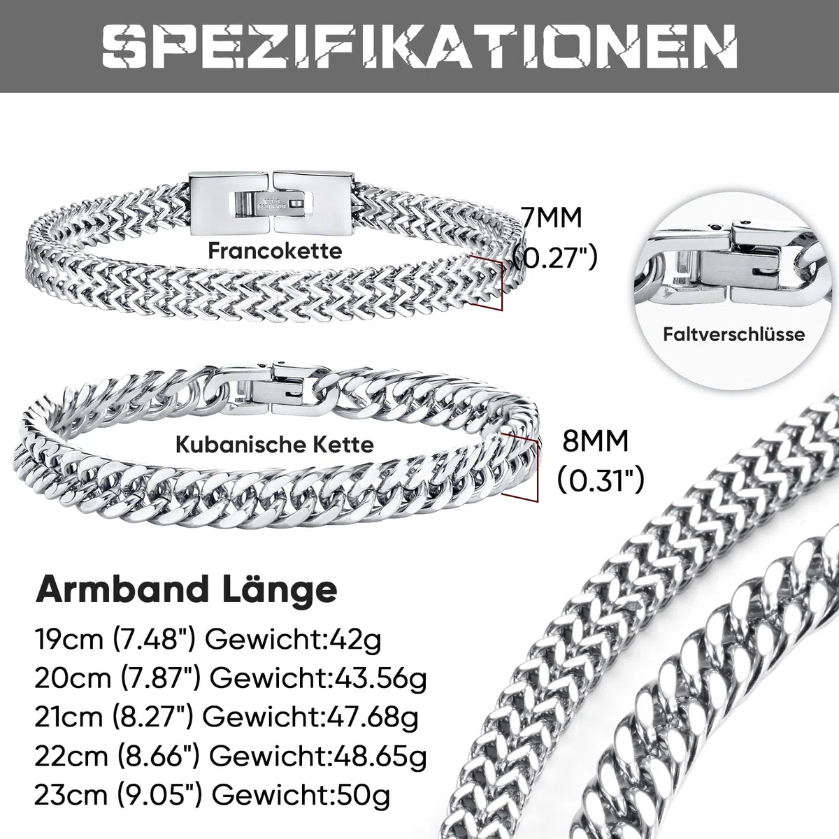 Herren Armband Edelstahl Armbänder Panzerkette - 2 Stücke Silber Schwarz Gold Herrenarmbänder für Männer Jungs Kubanische Armband 8mm Breite 19cm/21cm/23cm Länge Geschenke für Ehemann Papa Sohn Bruder