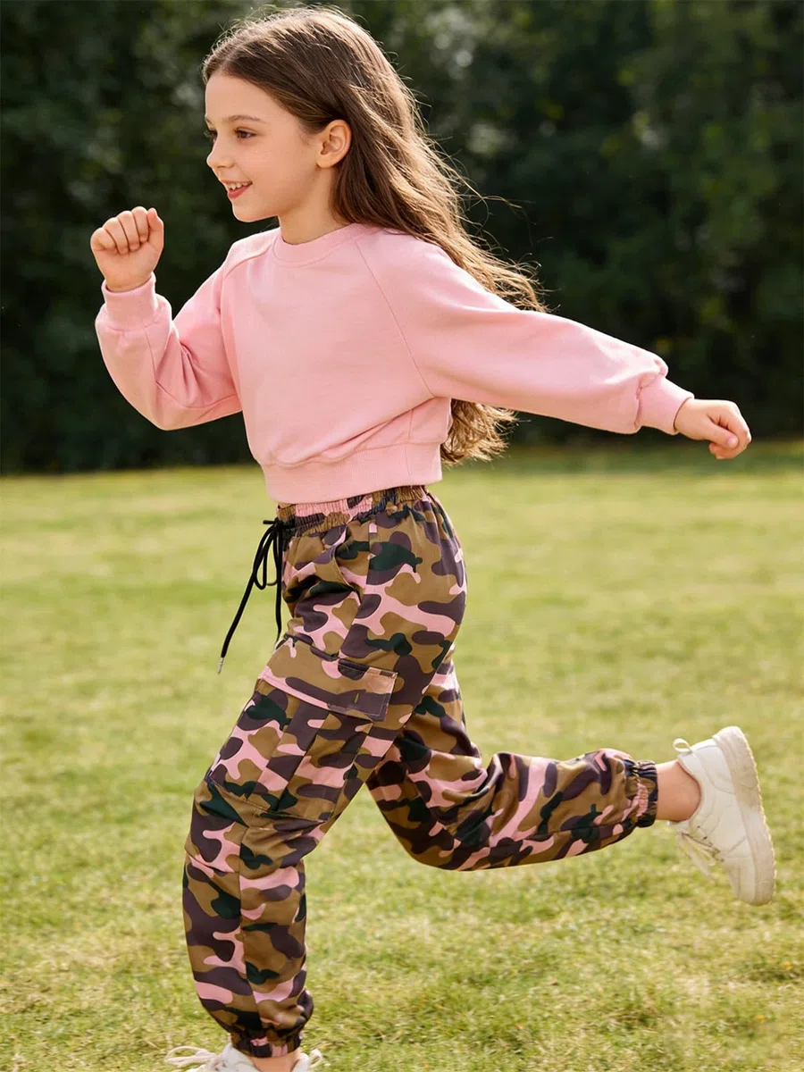 JiAmy Mädchen Cargo Hose, Elastische Taille Baggy Fallschirm Hose Multi Taschen Tanz Jogger Y2k Kinder Hosen für 5-14 Jahre