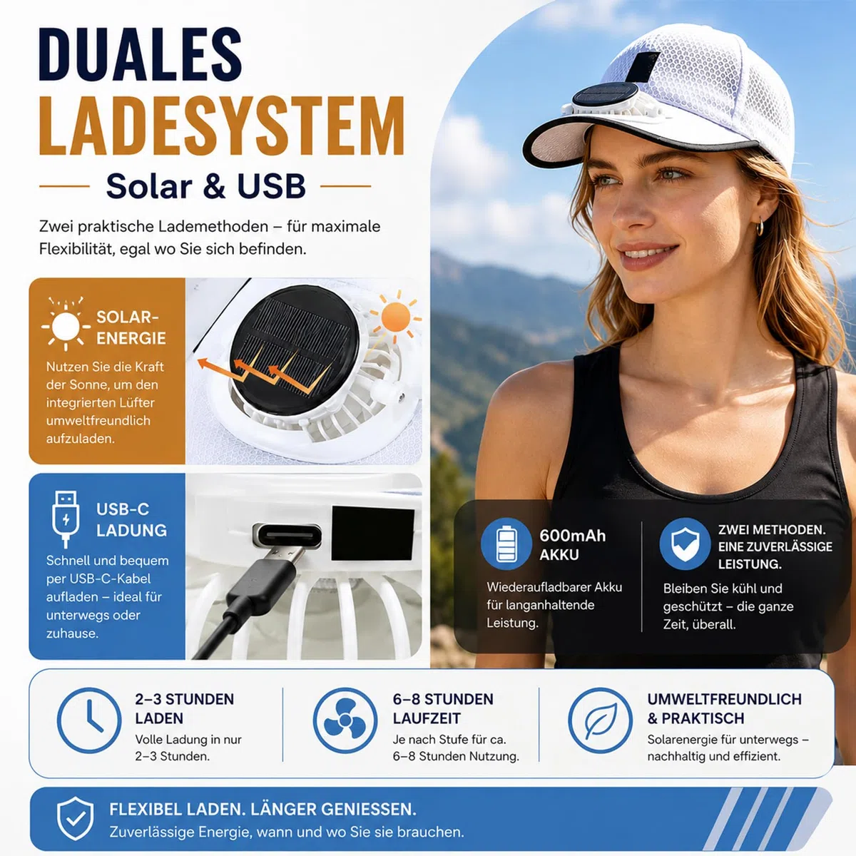 Mütze mit Ventilator, Cap mit Ventilator Solar, USB Aufladbarer KüHl-Sonnenhut, Verstellbarer Sonnenhut für Outdoor-Camping, Radfahren und Angeln