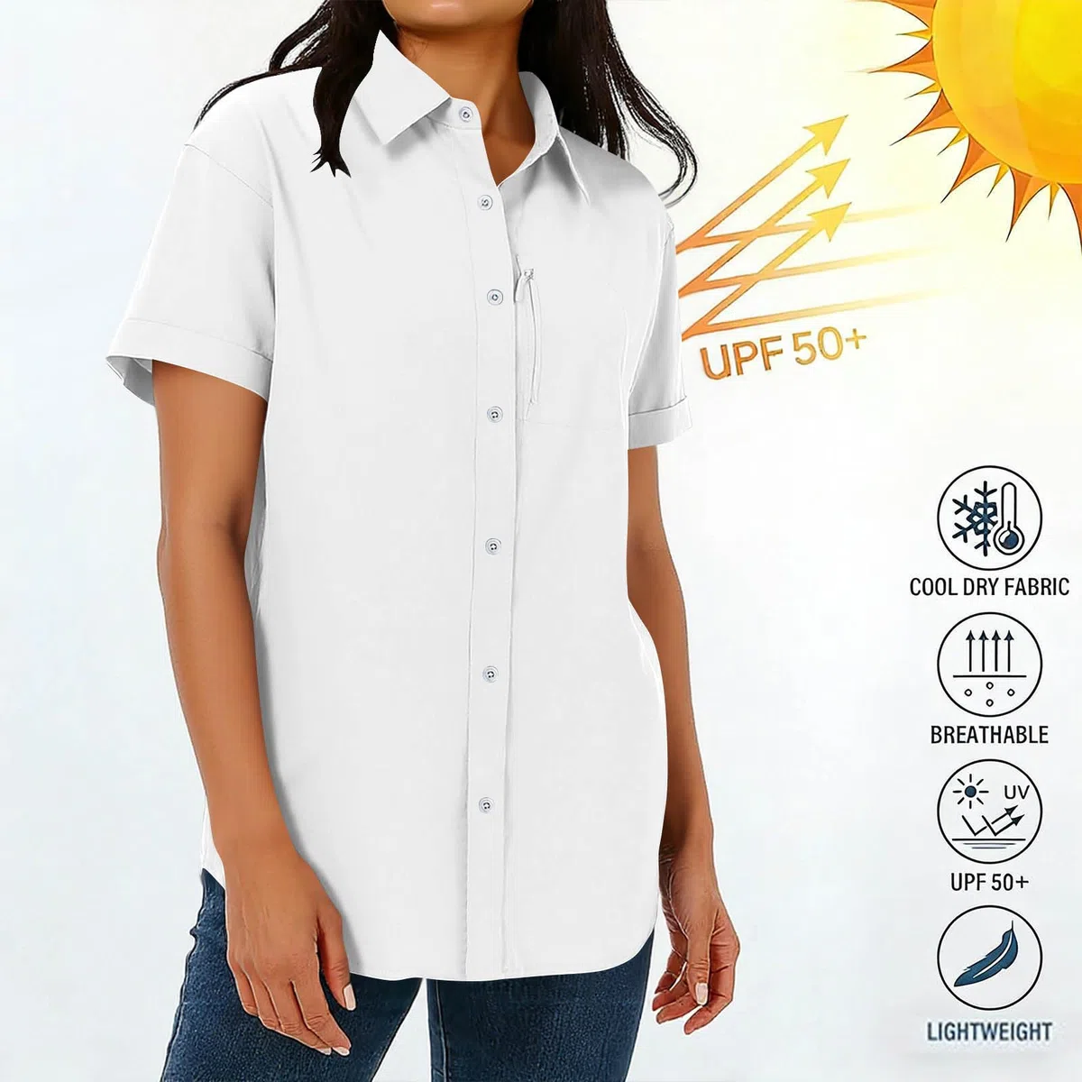 Damen UPF 50+ Shirt Kurzarm Sommer Shirts Outdoor Sport Wanderbluse Schnelltrockner Wandern Hemden Revers Knopfleiste Hemdbluse Einfarbig Lässig Sportshirt Atmungsaktive Blusentop