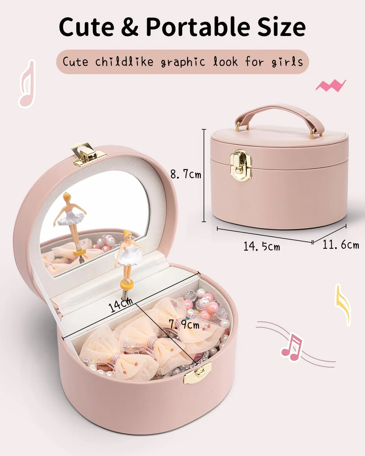 VLANDO Spieluhr Schmuckkästchen Mädchen mit Ballerina, Tragbar Schmuckkasten Schmuckdose für Kinder, Schmuck Organizer mit Spiegel, Spielzeug Geschenke 4 5 Jahre, mit Süßem Aufkleber