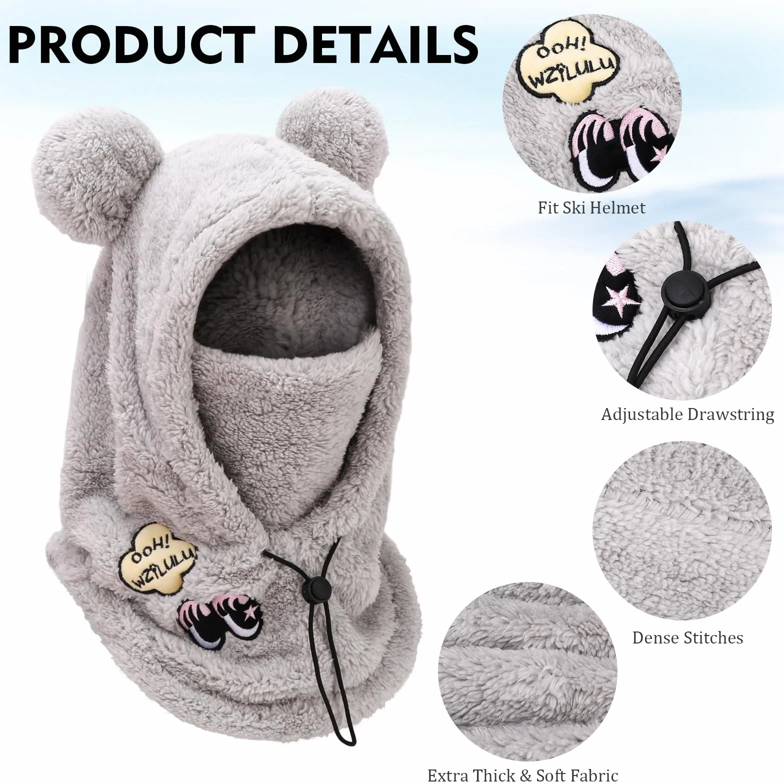 PHOGARY Balaclava für Damen, Plüsch Sturmhaube Mütze, Winter Frauen Skimaske Skimütze, Herren Damen warme Wintermütze Mütze Schal, Panda Balaclava, Grau