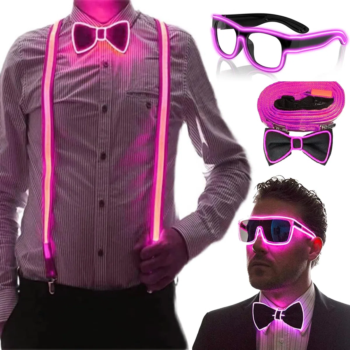 YeahBoom Leuchtende Herren-LED-Hosenträger und Fliege, LED-Leucht-Hosenträger, Verdrahtet Neon Rave Brille, für Musik Festival, Weihnachten, Neon-leuchtendes dunkle Party Supplies für Party deko