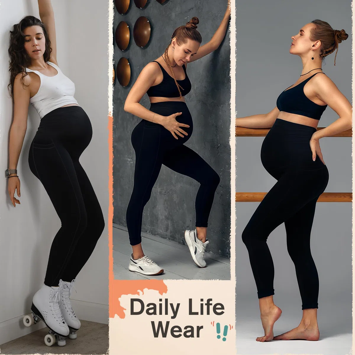 Umstandsleggings mit Taschen Hoher Bund Schwangerschaftsleggings Blickdichte Umstandshose Maternity Leggings für Schwangere Damen Umstandskleidung