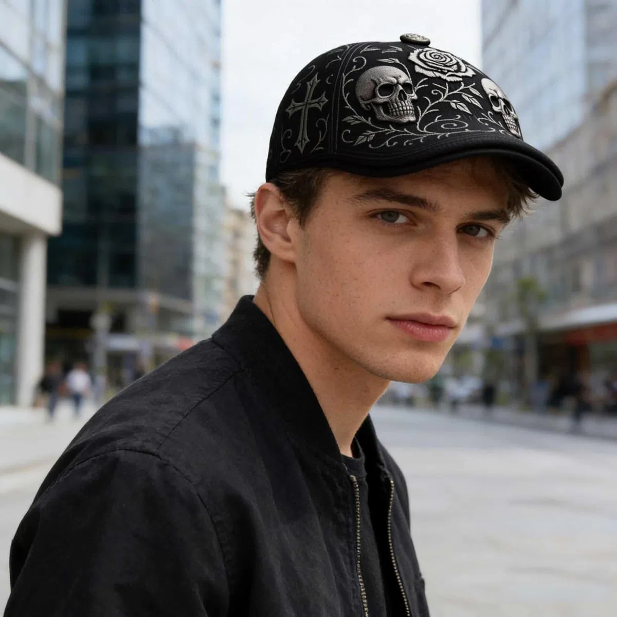Schiebermütze mit Totenkopf und Dorn, verstellbare Mütze im Retro-Stil mit Totenkopf-Rose und Kreuz-Elementen, Retro-Enthusiasten, Geschenk für Männer und Frauen