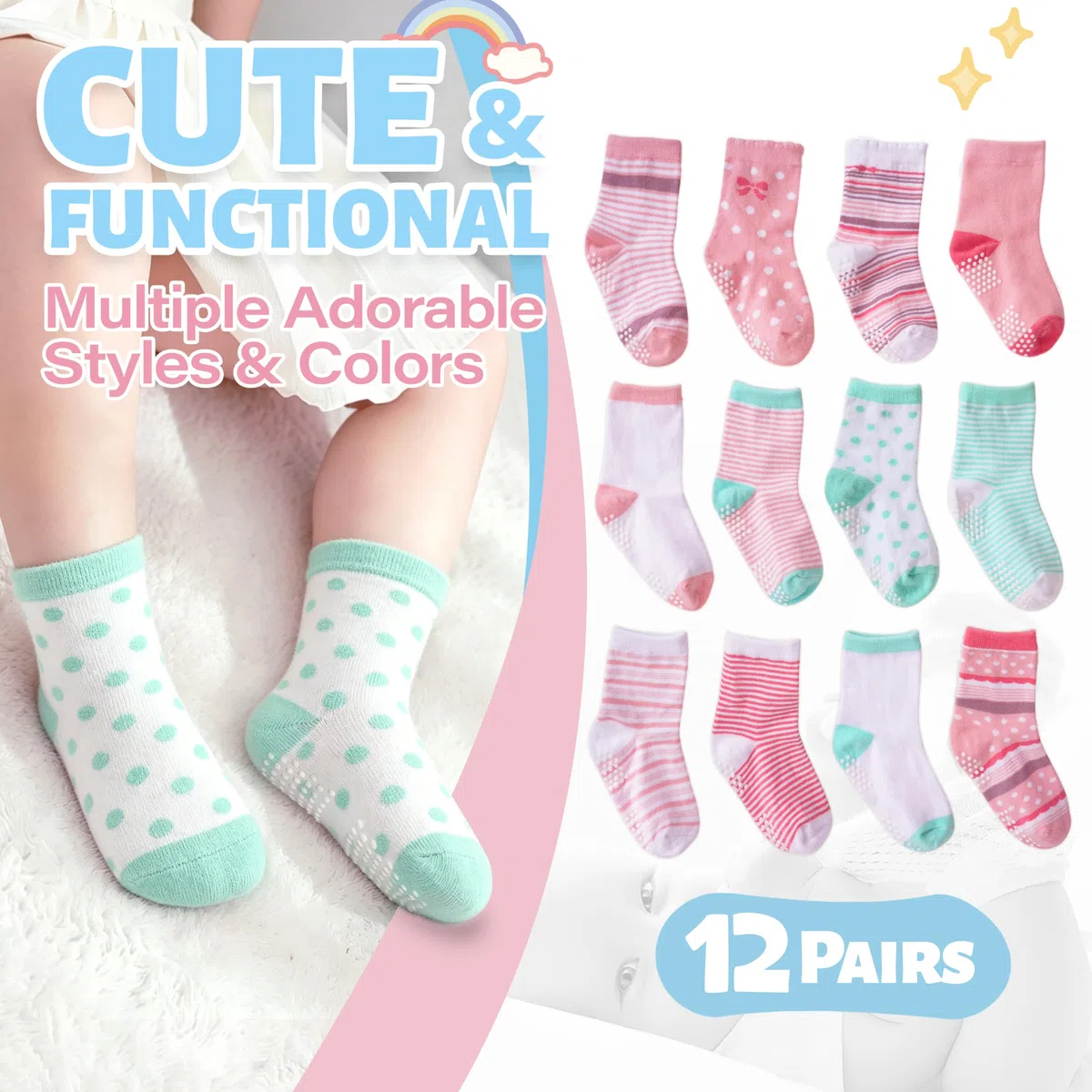 ANTSANG Stoppersocken Kinder Baby Mädchen Socken Anti Rutsch / Rutschfeste Socken Baumwolle Antirutschsocken für Kinder Mädchen Kleinkind 12 Paare