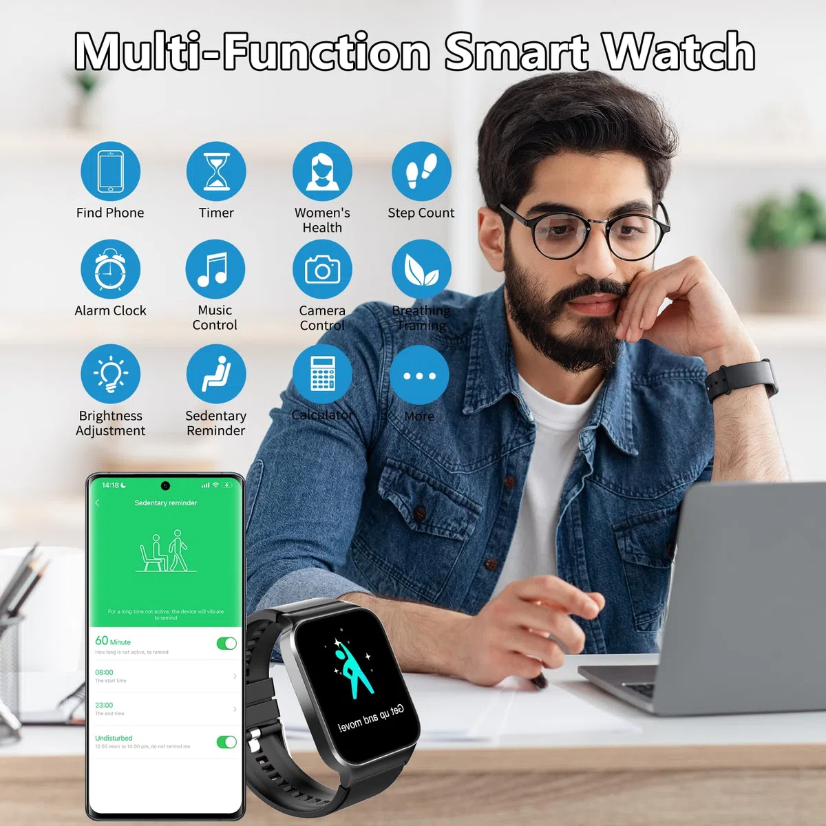 Smartwatch Herren Damen, 1,85" HD Touchscreen Smart Watch mit Telefonfunktion, 100+ Sportmodi Sportuhr mit Schrittzähler/Herzfrequenzmonitor/Schlafmonitor, IP68 Wasserdicht Fitnessuhr, Tiefschwarz