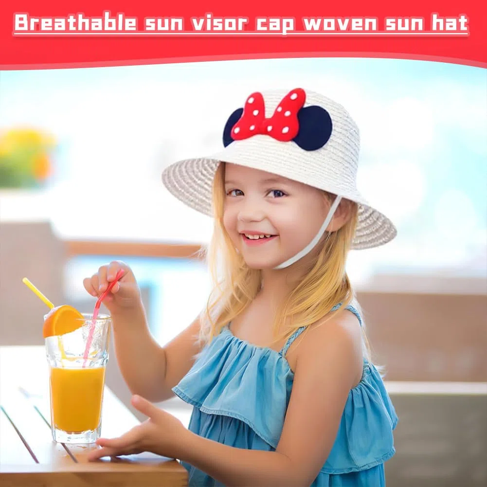 Mädchen Strohhut und Umhängetaschen Set mit Maus Ohren Visier Sonnenhut Mädchen Sommerhut Strandhut für den Urlaub Reise Outdoor Aktivitäte für 4-8-Jährige
