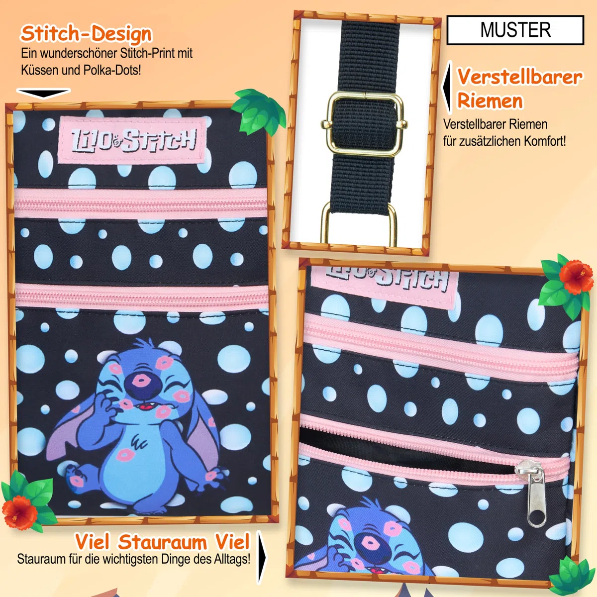 Disney Stitch Umhängetasche Mädchen & Teenager, Handtasche Mädchen mit verstellbarem Riemen, Crossbody Bag für Handy & Geldbörse, offiziell lizenziert
