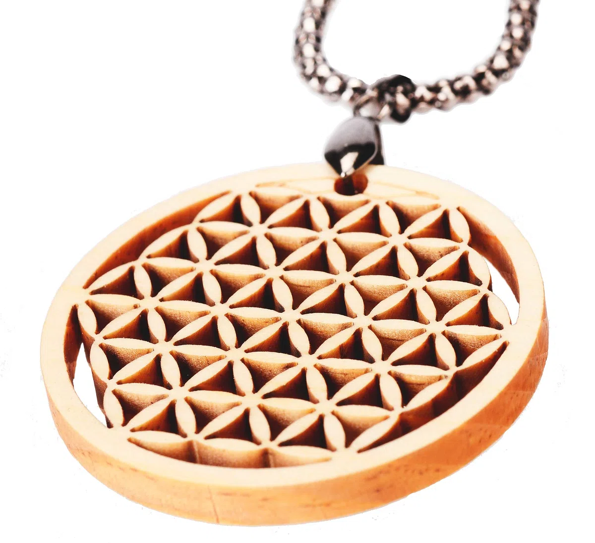 myZirbe Blume des Lebens, Flower of Life Kette-Anhänger 40mm aus Zirbenholz Lebensblume Holz