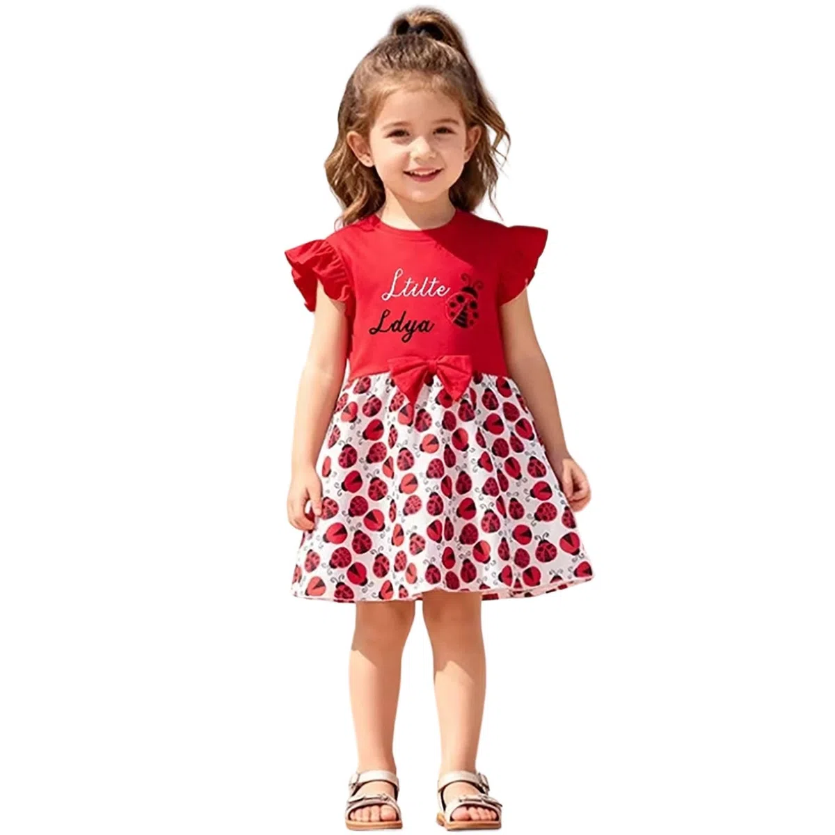 Kurzärmeliges Mädchen Kleid Mit Marienkäfer-Print - Lockeres Sommerkleid Mit Schleifenmotiv | Lässiges Kleid Für Alltag Und Spielplatz
