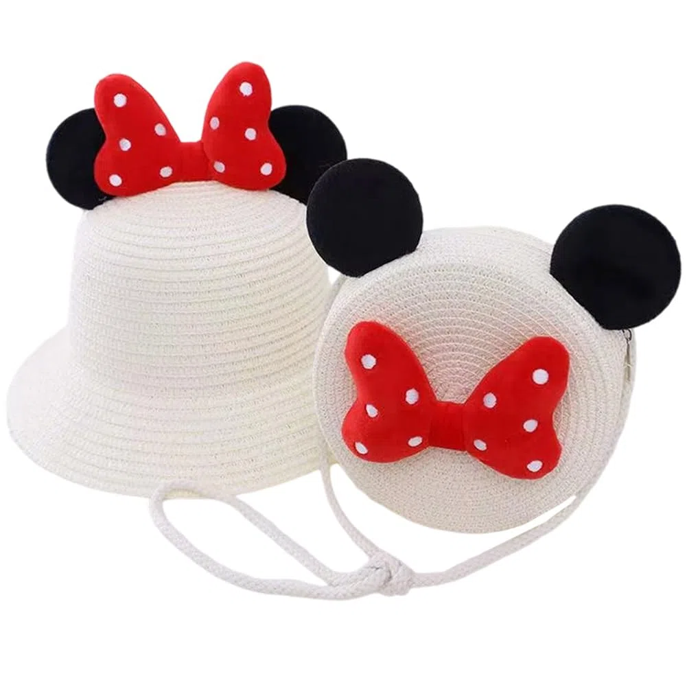 Mädchen Strohhut und Umhängetaschen Set mit Maus Ohren Visier Sonnenhut Mädchen Sommerhut Strandhut für den Urlaub Reise Outdoor Aktivitäte für 4-8-Jährige