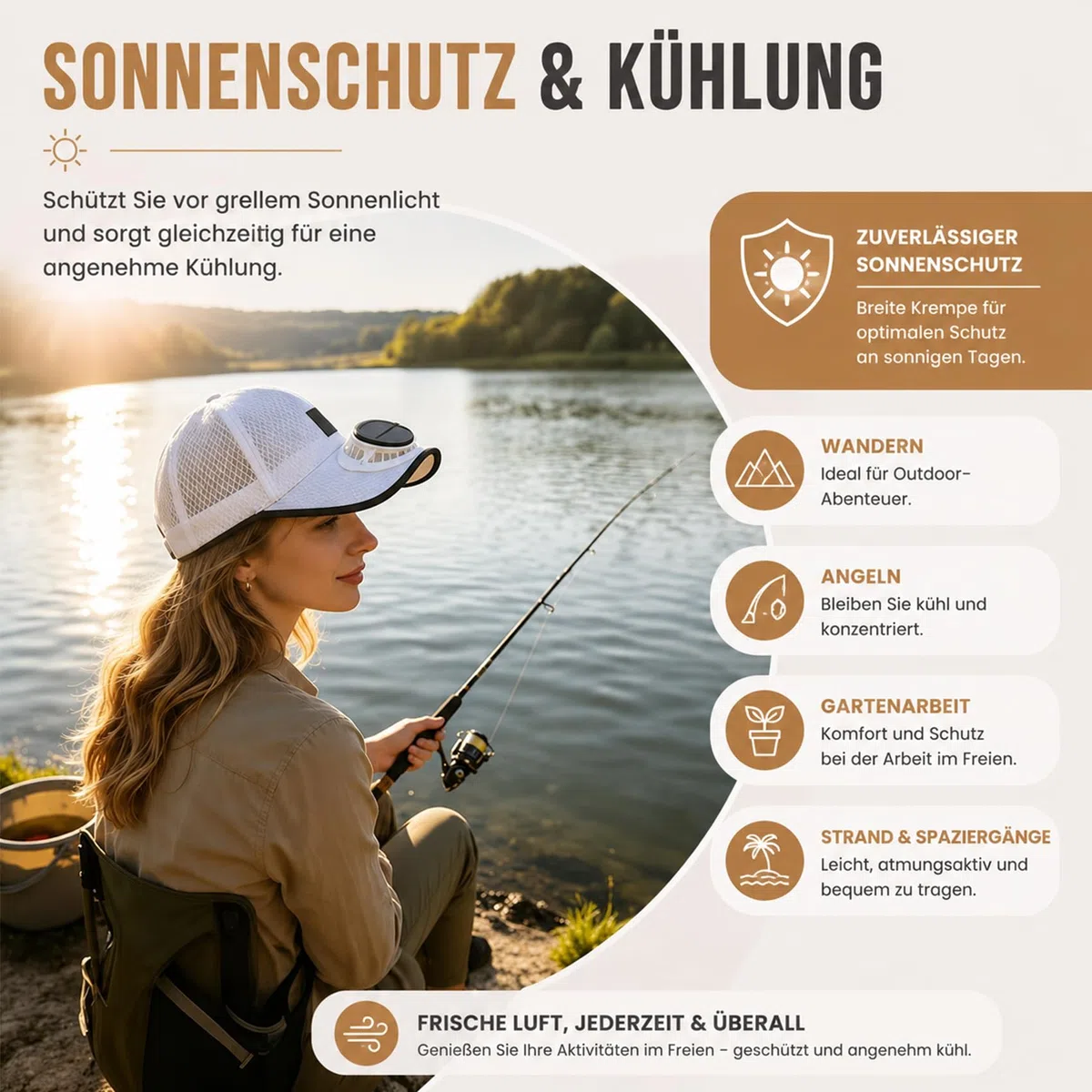 Mütze mit Ventilator, Cap mit Ventilator Solar, USB Aufladbarer KüHl-Sonnenhut, Verstellbarer Sonnenhut für Outdoor-Camping, Radfahren und Angeln