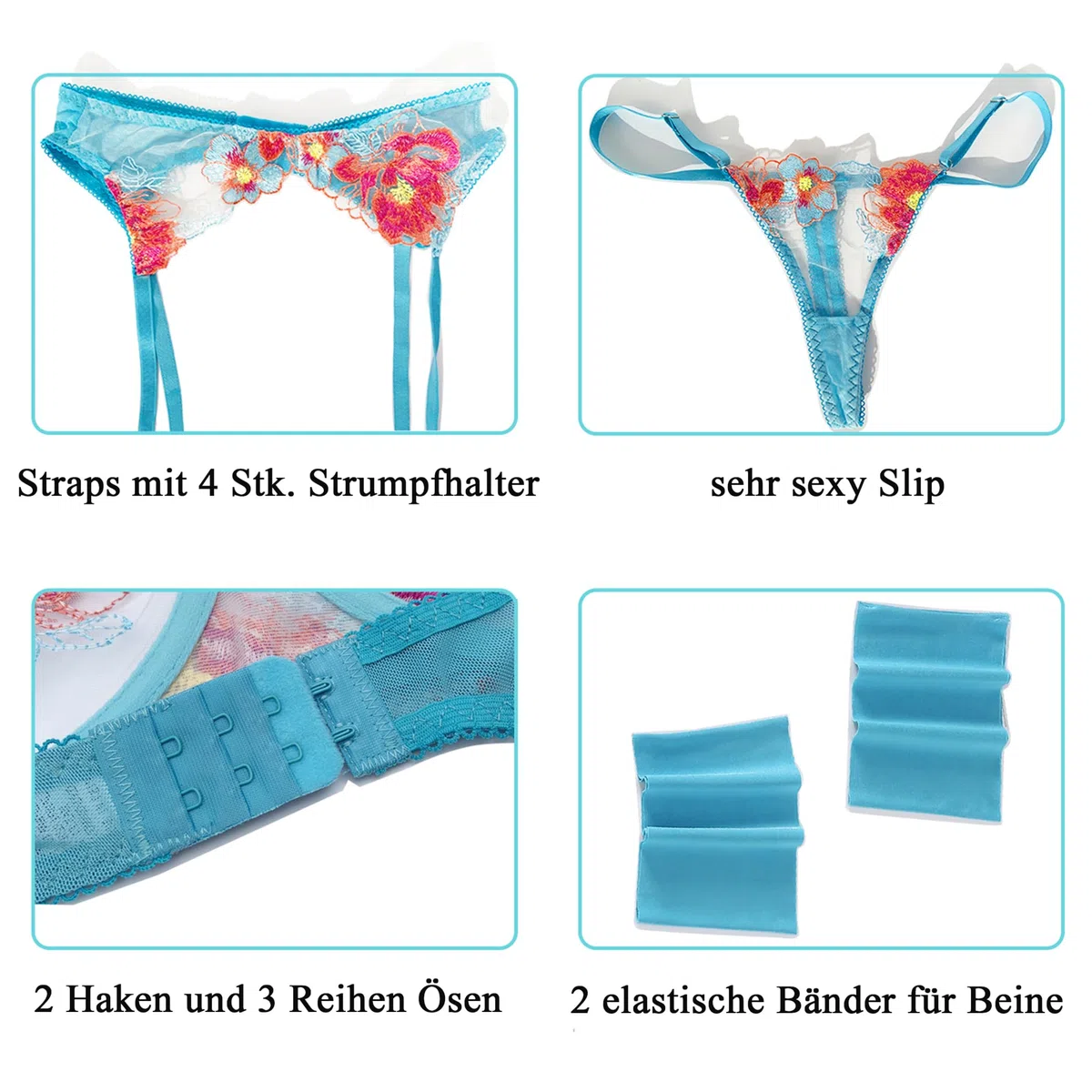 Dessous Damen Sexy Unterwäsche Reizwäsche Dessous Sexy Set für Damen mit Strapsen mit Spitze mit BH und Slip mit Beinbändern 4 Stück innen