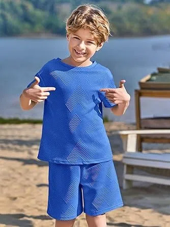 Haloumoning Jungen Bekleidungssets Sommer Einfarbig Kurzarm T-Shirt mit Elastisch Shorts Lässig Kleidung Sets mit Struktur