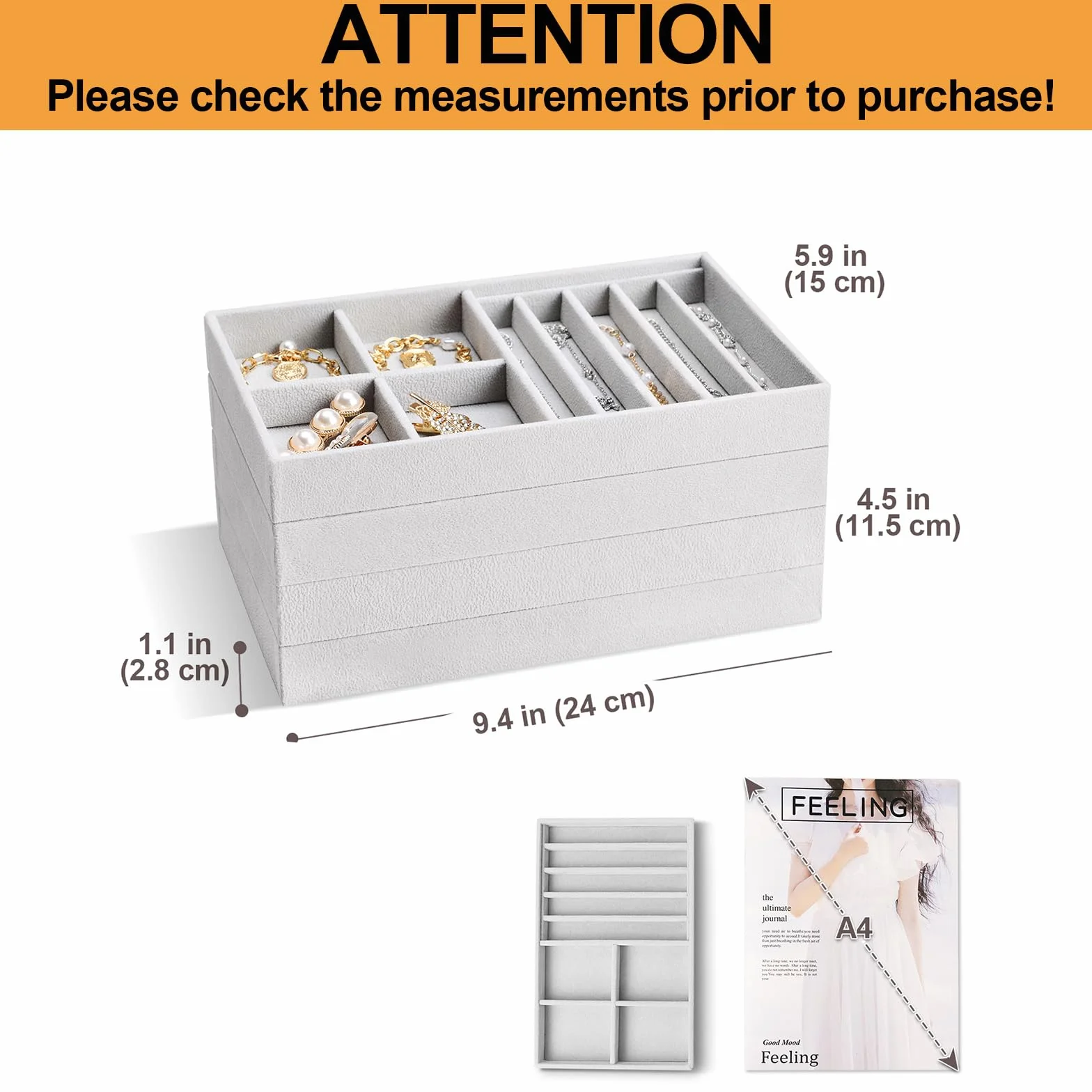 ProCase Schmucktablett Organizer mit 4 Schmuckschalen, Stapelbar Schmuck Schublade Organizer, Schmuckaufbewahrung für Ohrringe Ringe –Grau