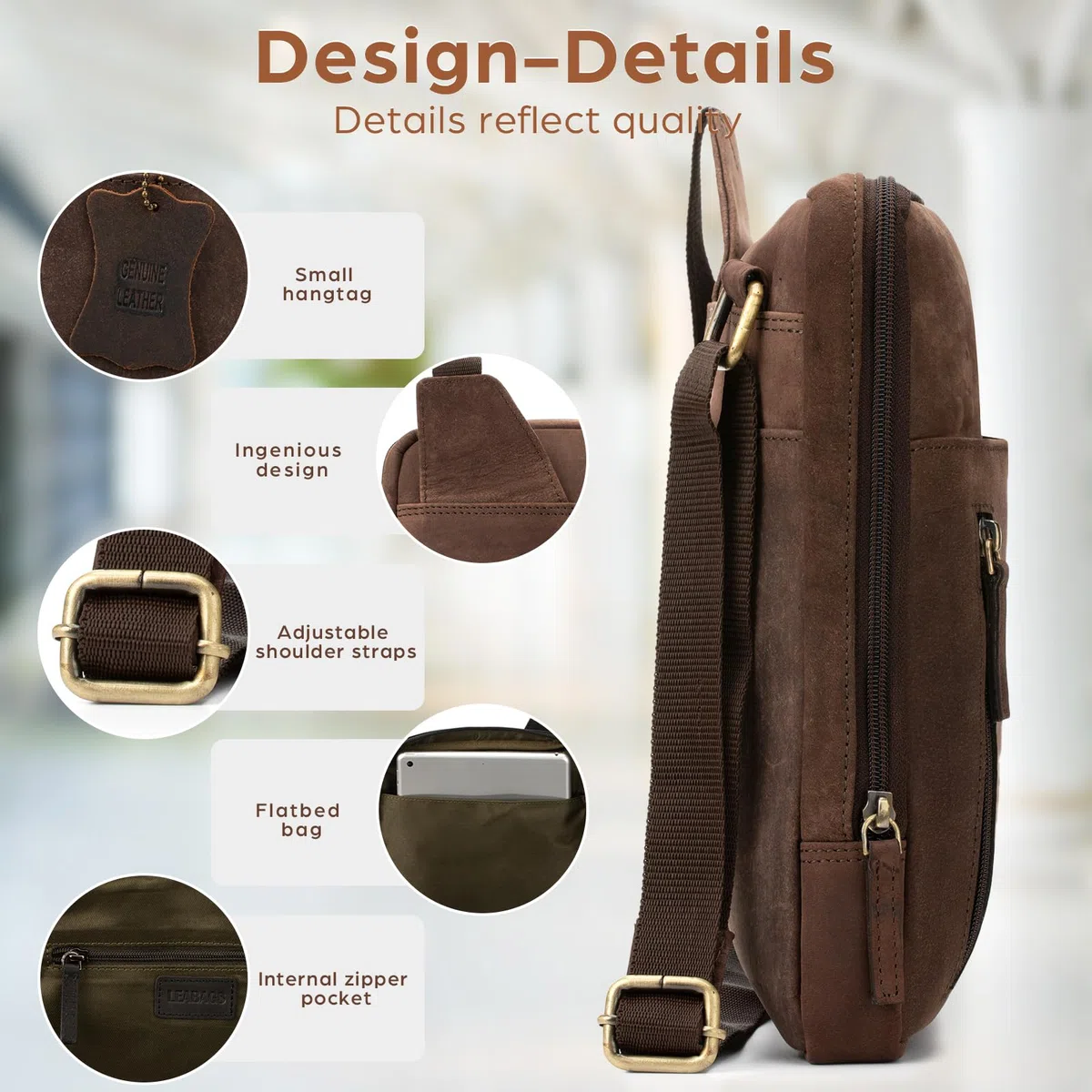 LEABAGS Men's Leather Small Shoulder Bag Messenger Travel Bag