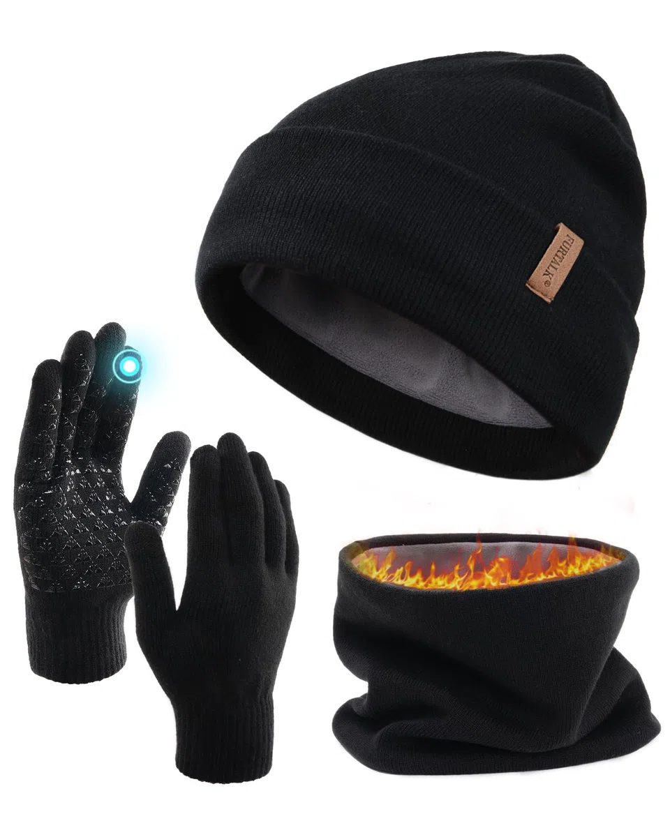 FURTALK Unisex Winter Beanie Mütze Schal und Handschuhe im 3er-Set Herren Damen Wintermütze Winterschal Touchscreen Handschuhe mit weiches Fleecefutter