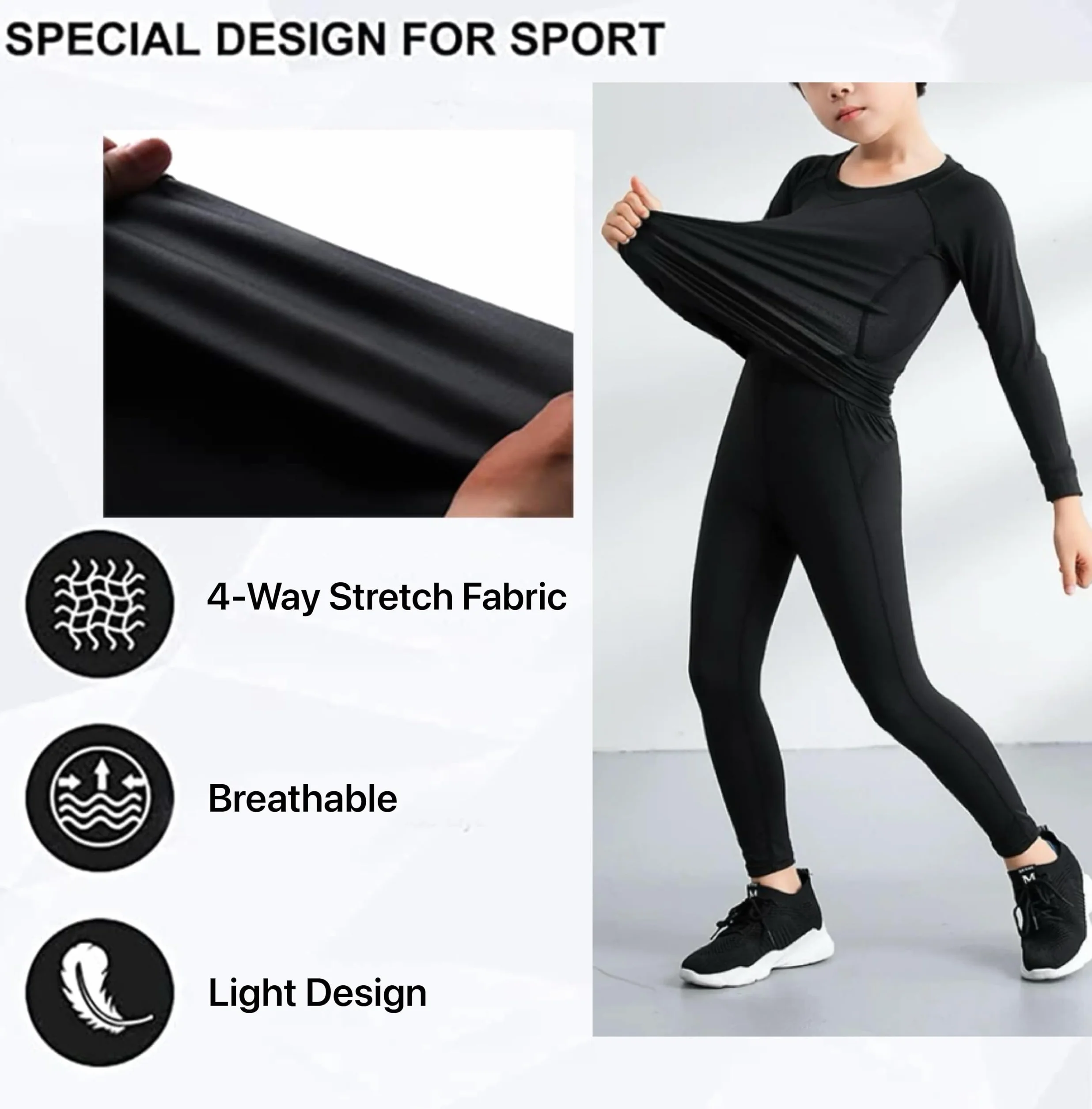 Echinodon Kinder Sportunterwäsche Fußball Junge Funktionsunterwäsche Set Kompressionsshirt + Kompressionshose Kompressionsunterwäsche für Training Skifahren Radsport