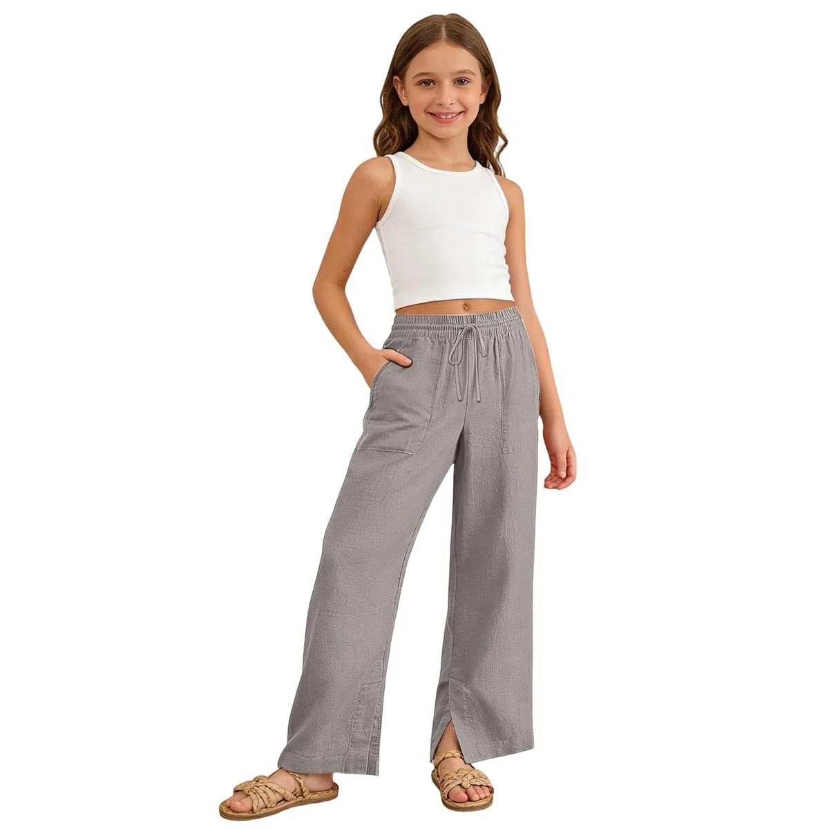 Sommerhose Mädchen Leinenhose Sommer Hose Leicht Luftig Sommerhosen Lange Leinenhose Weite Palazzo Hose Locker Teenager Musselin Hosen Hohe Taille Weites Bein Jogginghose Kinder Baggy für 4-15 Jahre