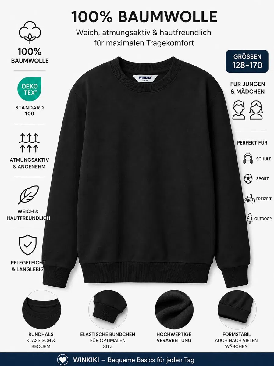Kinder Pullover aus 100% Baumwolle – Weich & Hautfreundlich, Langarm, Rundhalsausschnitt, Bequem für Jungen & Mädchen, Schule & Freizeit, Größen 128–170