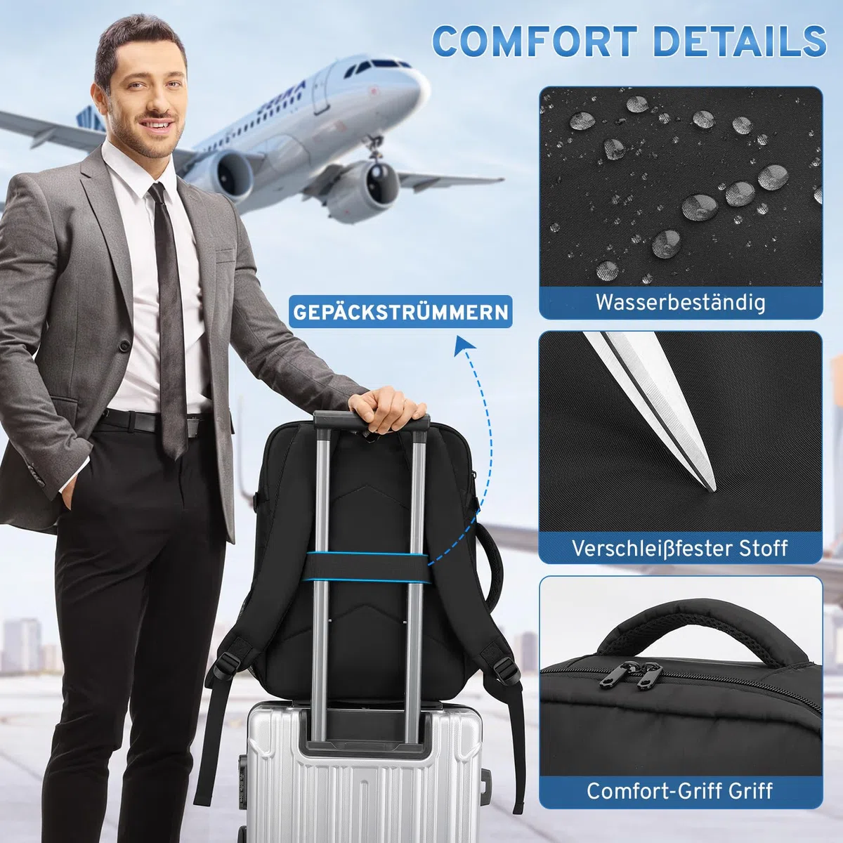 ZOMFELT Ryanair Handgepäck 40x30x20 Handgepäck Rucksack, 24L Reiserucksack Handgepäck Flugzeug für Flugzeug, Wasserdichter Laptoprucksack für 15.6 Zoll Laptop Herren Damen Schwarz