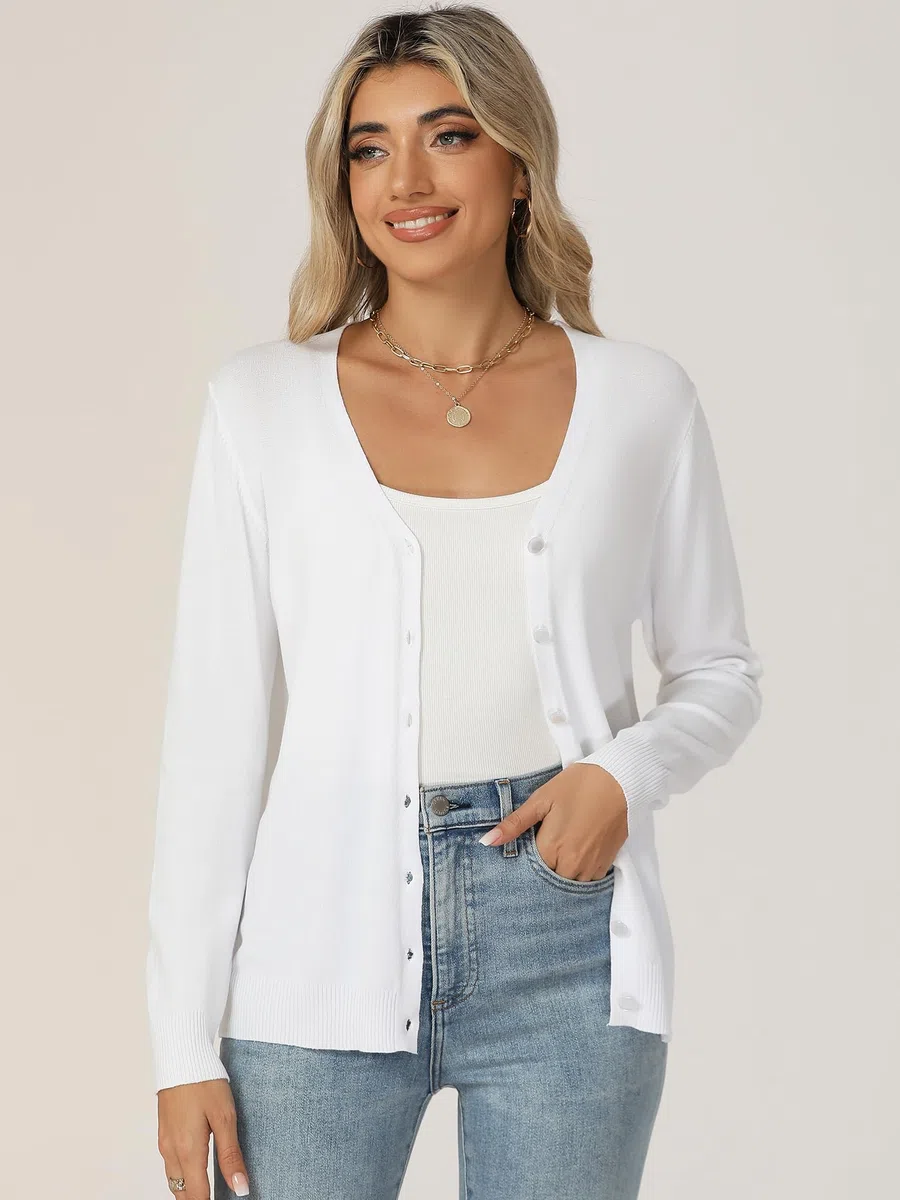Strickjacke Damen V Ausschnitt mit Knöpfen Cardigan Langarm Leichte Elegante Dünn Sweater Pullover