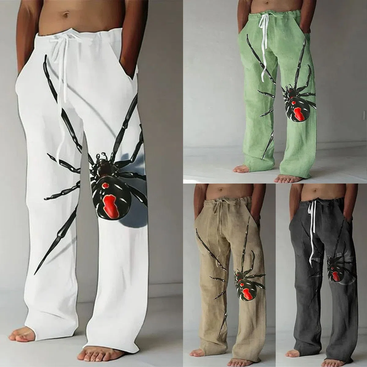 Herren Lang Freizeithose Weites Bein mit Spinnen 3D-Druck Casual Atmungsaktiv Strandhose Leicht Elastische Taille Halloween Hosen mit Kordelzug und Taschen Loose Fit für Männer