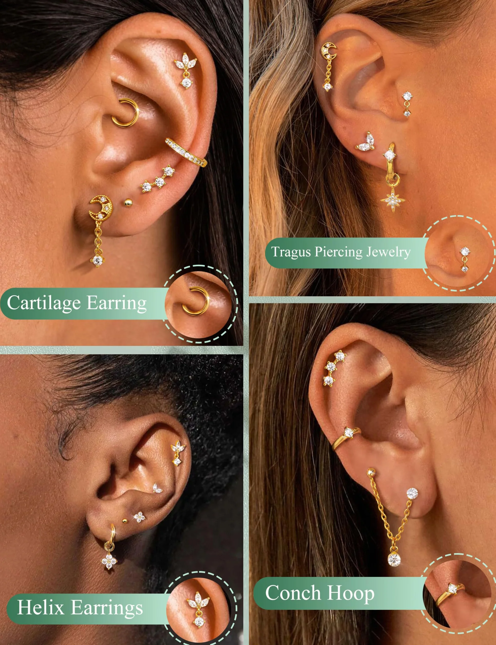 MILACOLATO Helix Piercings Chirurgenstahl Ohrringe Piercing Ohr Flatback Ohrstecker Hypoallergen Klein Knorpel Ohrringe Creolen Gold Wasserfest Rook Tragus Conch Piercing Silber Gold