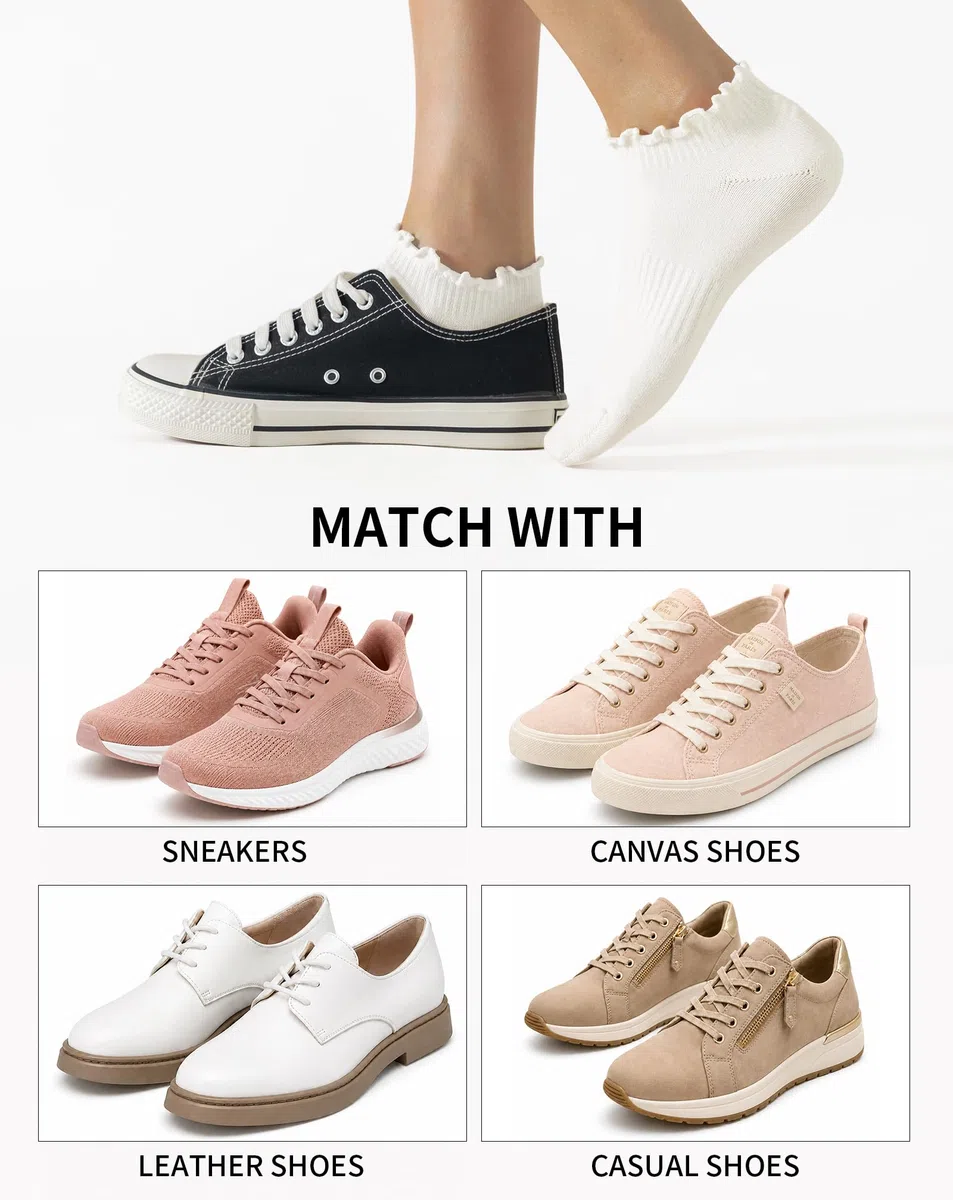 Yawlsow 6 Paar Rüschen Socken Damen Baumwollsocken Knöchelsocken Söckchen mit Rüsche weiche kurze Sommersocken für Sneaker Loafer Freizeitschuhe