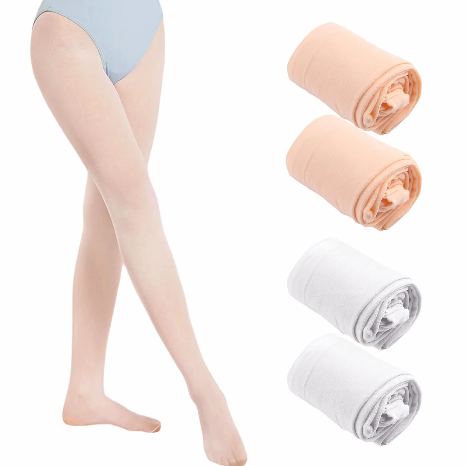 4 Paar Ballett Strumpfhose Mädchen 80 DEN Feinstrumpfhose Ballettstrumpfhose Mädchen Elastisch Atmungsaktiv Tanzstrumpfhose mit Fuß Hautfarbe Weiß für Tanzkurs Leistung Alltag Kinder 5–9 Jahren
