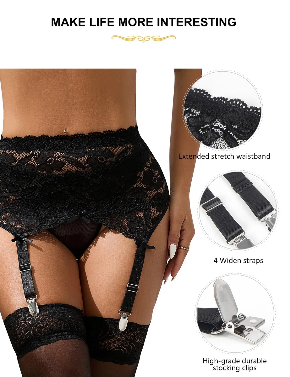 ohmydear Damen Strapsgürtel Bauchweg Spitze Strumpfhalter Sexy Strapshalter Hohe Taille Strumpfgürtel Große Größen Reizwäsche mit 4 Metall Clips Ohne String Garter Belt