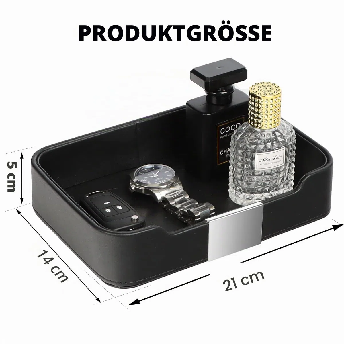 SANZIE Luxuriöses Lederschale Schlüsselschale Aufbewahrung Schlüsselablage Organizer Ablage Tablett Schale für Schlüssel, Flur zu halten Schmuck, Uhren, Brieftasche (Metallversilbert, Schwarz)