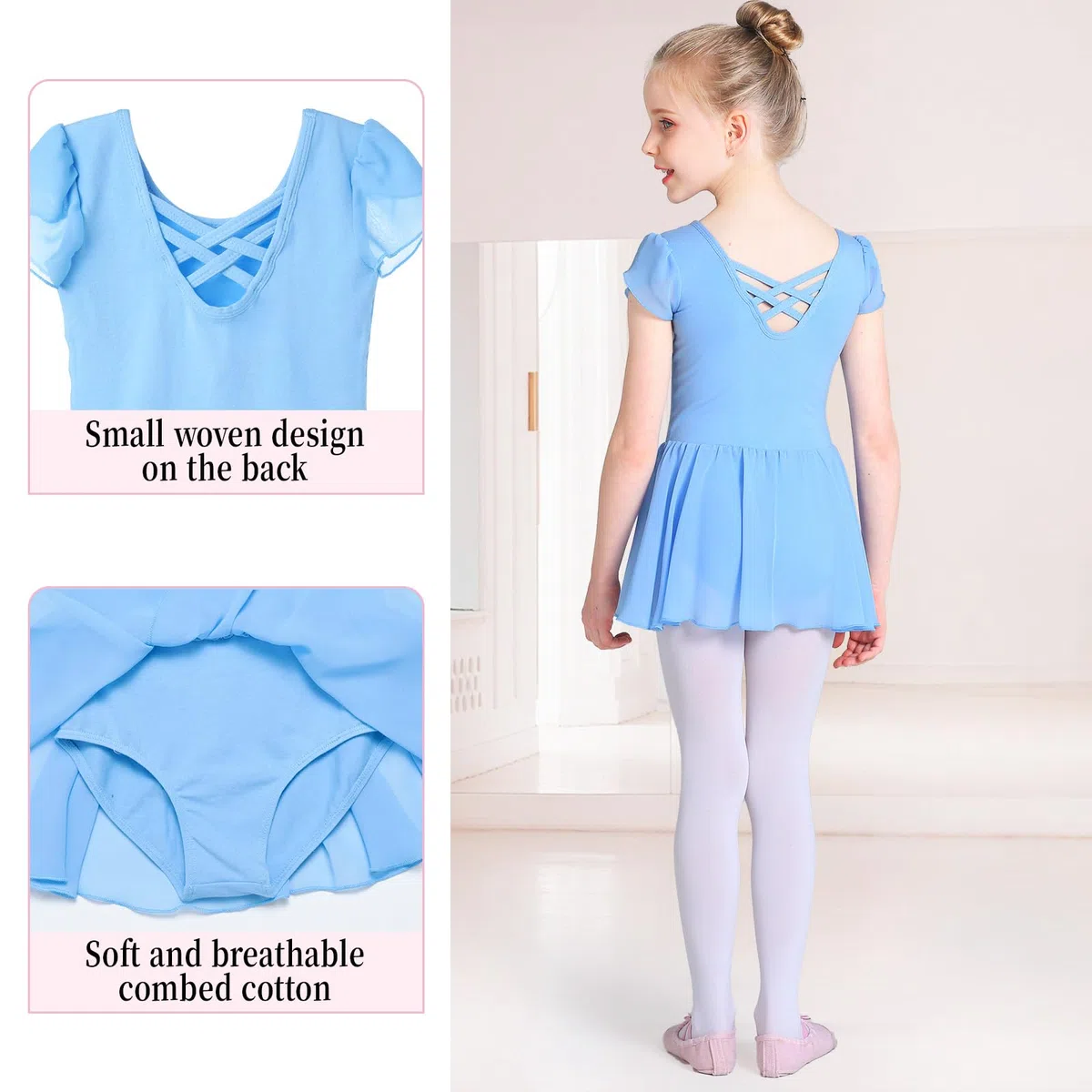 Ballettkleidung Mädchen Ballettkleid Kurzarm Tanzkleid Balletttrikot aus Baumwolle mit Chiffon Rock Tütü 2-11Jahre 90-150 cm