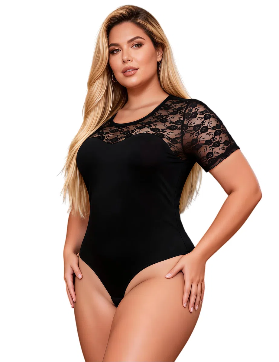 comeondear Damen Body Kurzarm Elegant Sexy Outfit Sommer Bodysuit Women mit Spitze Große Größen Oberteile Rundhals Trachtenbody Top Mesh Unterziehbody Reizwäsche für Mollige Frauen Snap Crotch