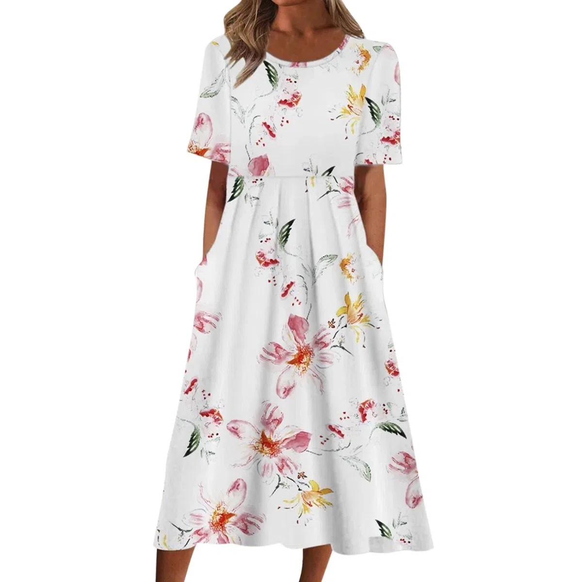 DeaAmyGline Sommerkleid Damen Lang Strandkleid Sommer Boho Kleid Elegant Rundhals Maxikleid Kurzarm Blumen Drucken Tunika Swing Lange Kleider Blusenkleid Partykleid Freizeitkleid