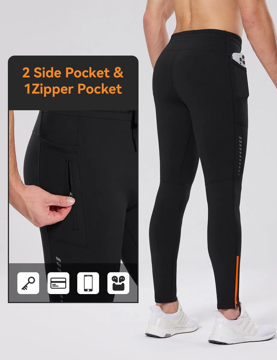 baleaf Thermo-Laufhose für Herren, Winter, Radhose, Fleece-gefüttert, Kompressionsleggings mit Reißverschlusstaschen, für kaltes Wetter