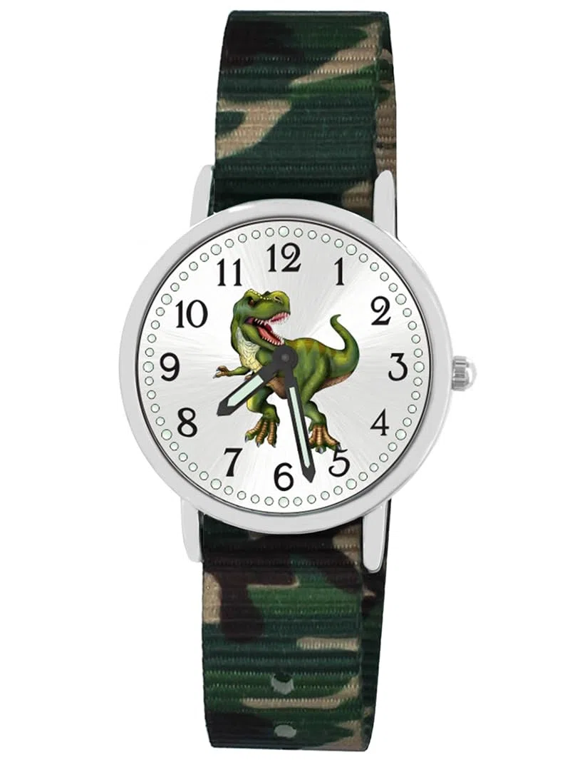 Kinder Armbanduhr Jungen Jungenuhr Kids Dinosaurier T Rex Leuchtzeiger 5 ATM Wasserdicht Textil Armband