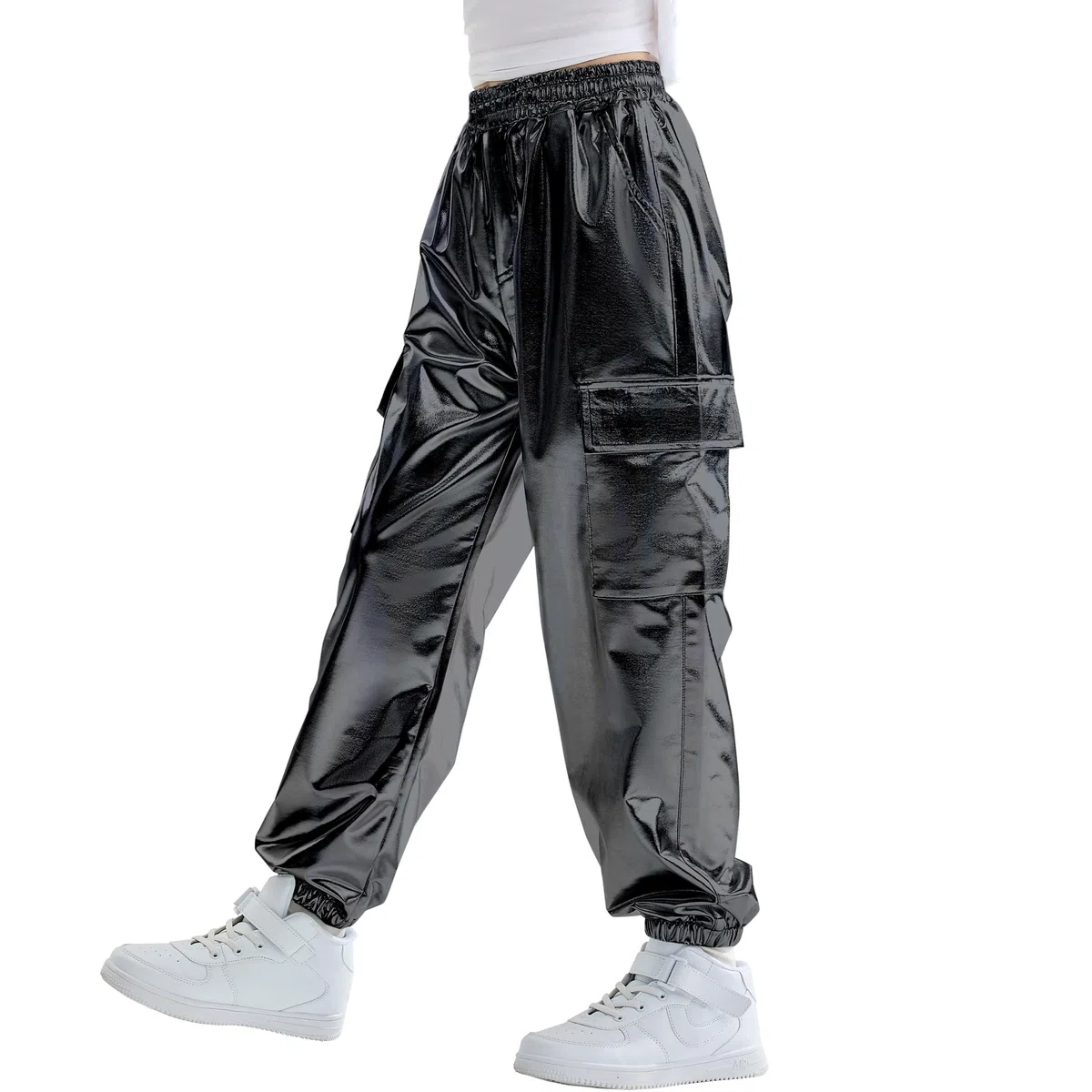 Rolanko Cargo Hosen für Mädchen, Metallische Tanz Hip Hop Hosen für Kinder Mit Elastischem Bund, Retro Disco Streetwear