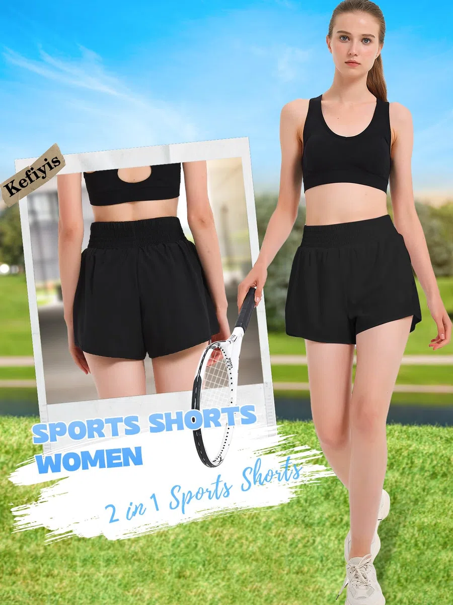 Sport Shorts Damen Sommer Laufshorts Damen 2 in 1 Kurze Sporthose High Waist Laufhose Schnelltrocknende Running Shorts Trainingshose mit Tasche