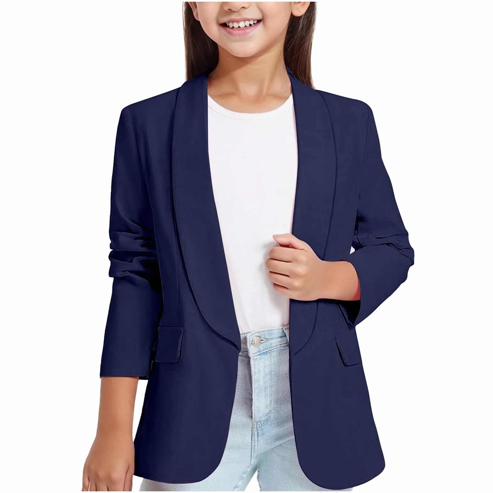 Blazer Mädchen Einfarbig Anzugjacke Kinder Mode Revers Langarm Cardigan Formale Offene Front Anzugjacke mit Innentasche Slim Fit Sakko Lässig Smoking Frühling-Herbst Arbeitsanzug Hochzeit 3-14 Jahre